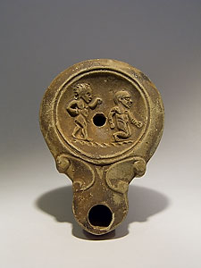 Oil lamp decorated with two tightrope walkers dwarfs - Terracotta